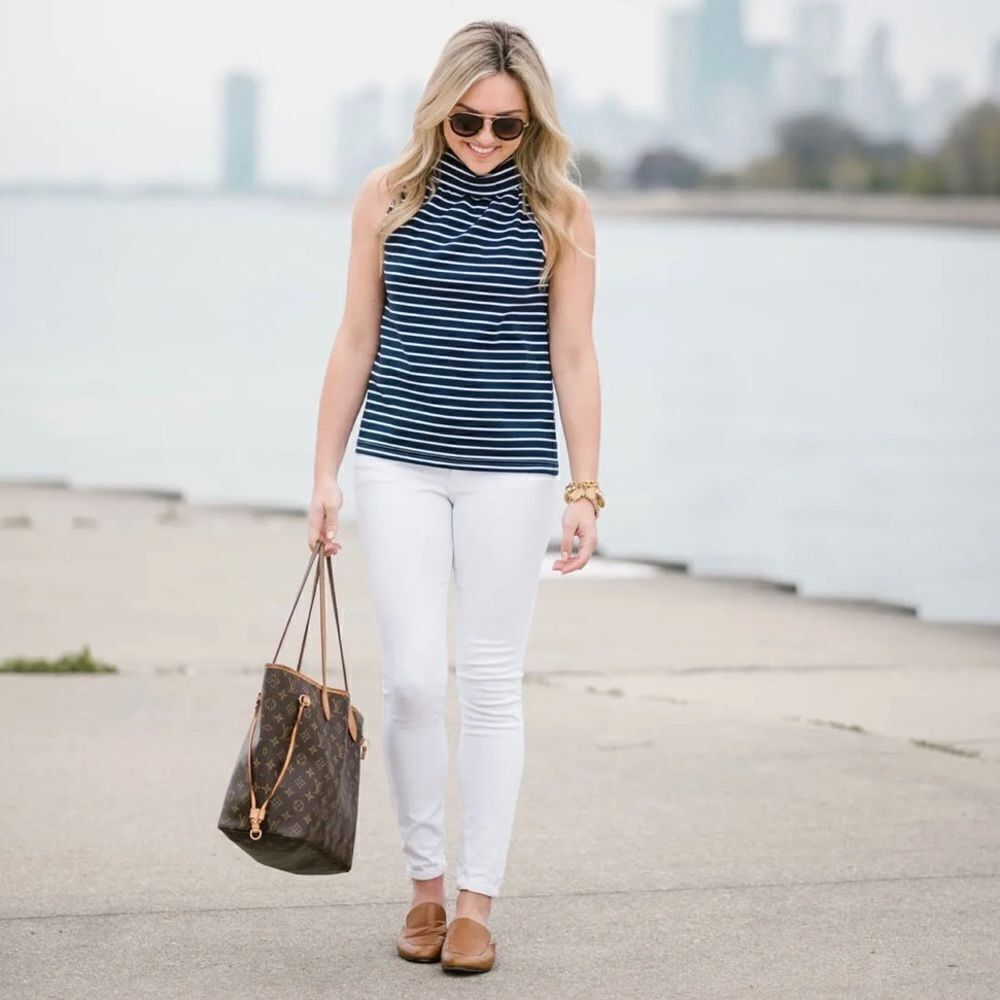 Sail to Sable Navy & White Cowl Neck Button Back Sleeveless Top